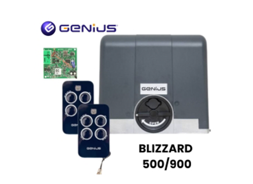 Sistema de automatización de puertas GENIUS BLIZZARD 500/900 con controladores y tarjeta de circuito.