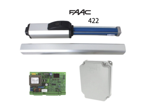 Conjunto de componentes del sistema FAAC 422, incluyendo un actuador, una barra de empuje y dos unidades de control.
