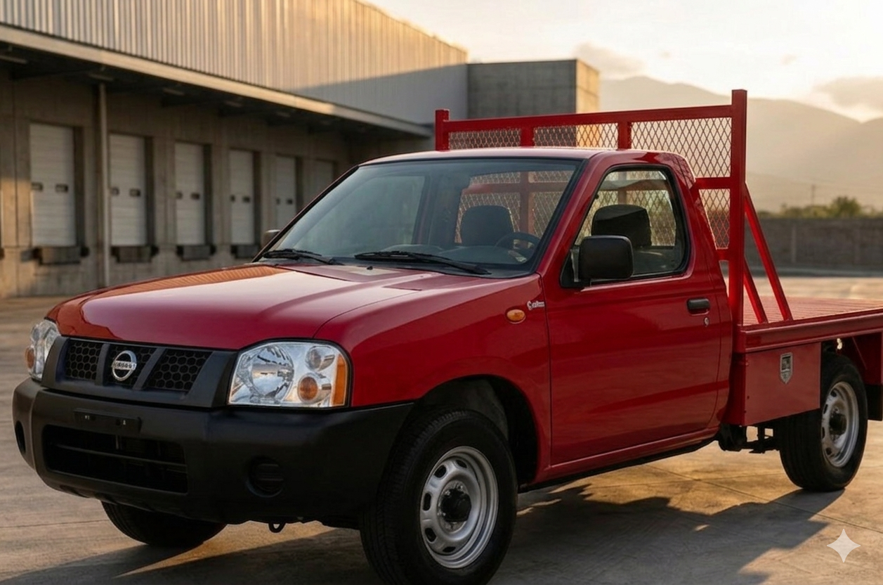 Camioneta roja Nissan con caja de carga en un entorno industrial.
