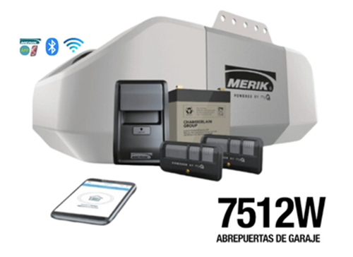 Imagen de un abridor de garaje Merik modelo 7512W, incluyendo un control remoto y un teléfono móvil mostrando la aplicación correspondiente. Destacan los iconos de Bluetooth y conexión inalámbrica.