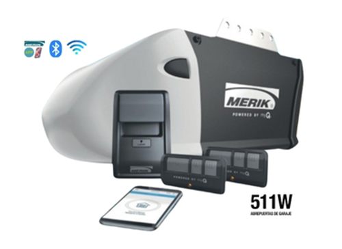 Imagen de un abridor de puerta de garage Merik modelo 511W, con un diseño moderno en blanco y negro, mostrando un control remoto y una aplicación móvil en la pantalla.