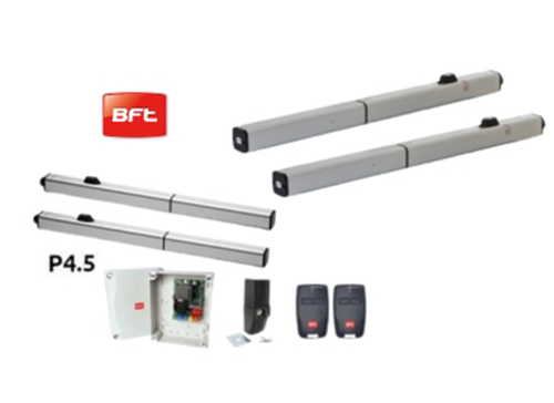 Conjunto de automatización para puertas BFT, incluyendo dos brazos hidráulicos, una caja de control, y dos controladores remotos.