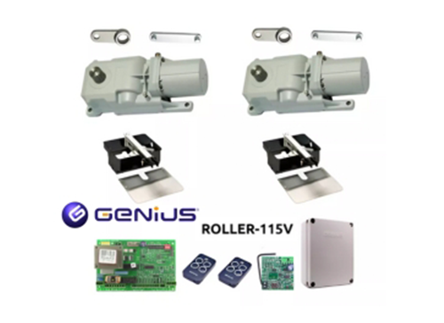 Sistema de automatización para puertas, incluyendo dos motores, controladores y accesorios. Marca Genius, modelo ROLLER-115V.