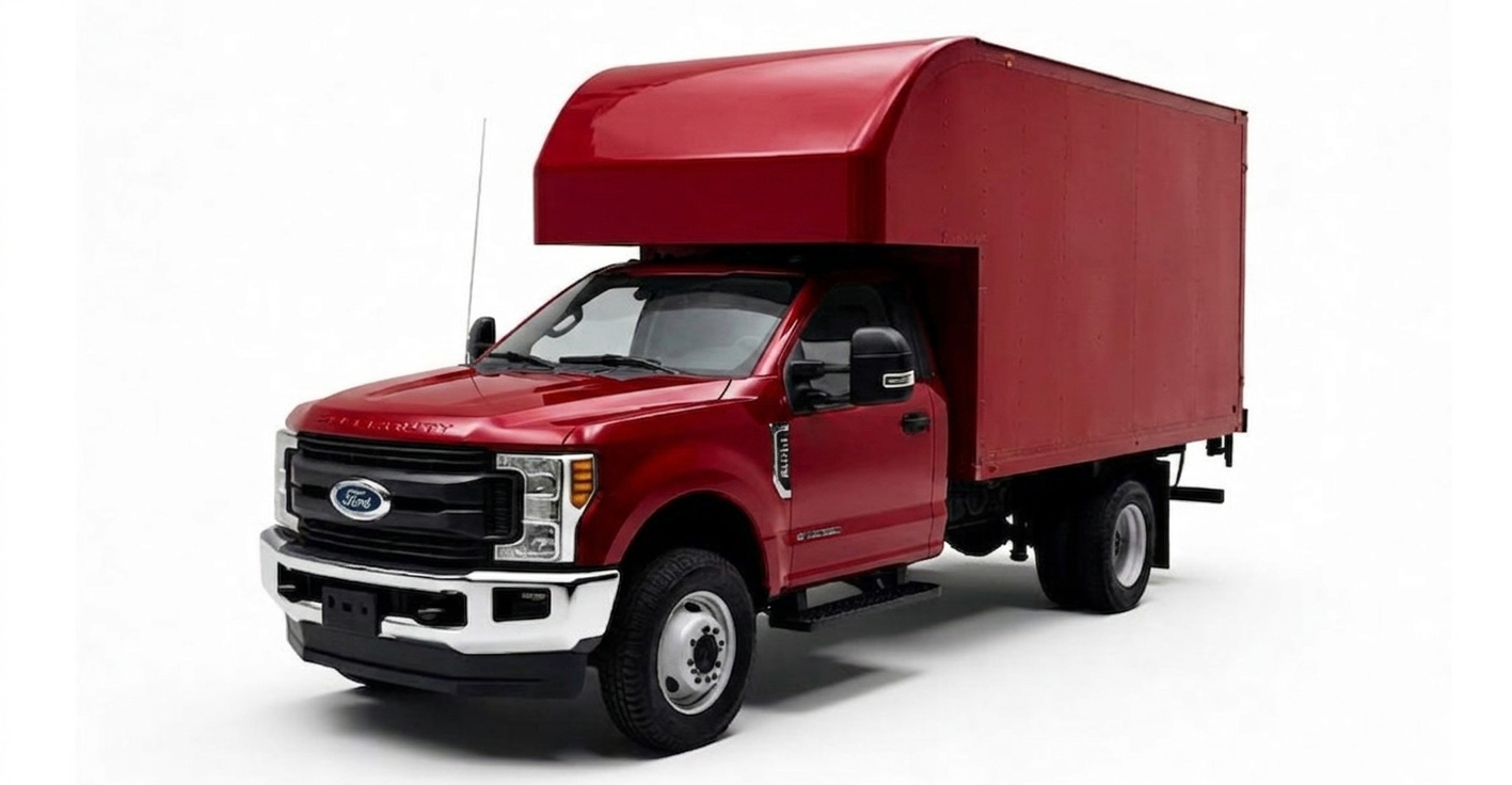 Camión rojo de la marca Ford con caja de carga grande y frontal distintivo.